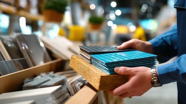 Faceless employee restocking renovation supplies, digital interface slightly visible and out of focus, with copy space.