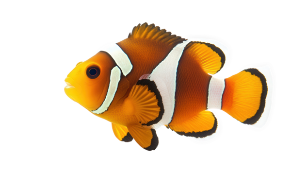 A vibrant clownfish isolated on transparent background, displaying its bright orange body with white stripes and black accents, a symbol of the underwater world