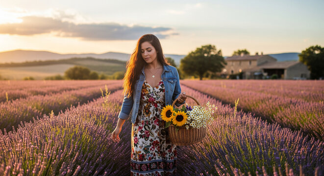 Beautiful woman in floral dress and denim jacket walking through purple lavender field at sunset holding wicker basket with sunflowers. Perfect for travel blogs, Provence tourism, lifestyle content