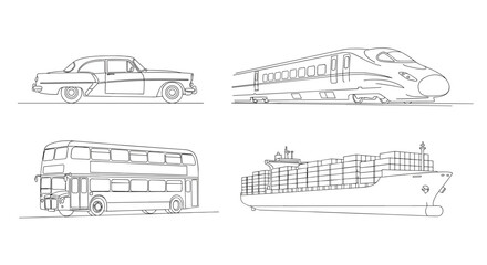 Fototapeta premium A collection of outlined transportation vehicles, isolated on