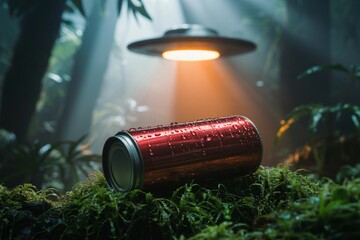 A metallic red can, covered in condensation, rests on a bed of vibrant green moss in a lush forest.