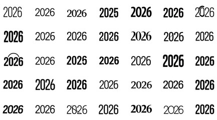 A collection of the year 2026 displayed in various fonts and styles, with some instances of 2025, isolated on a