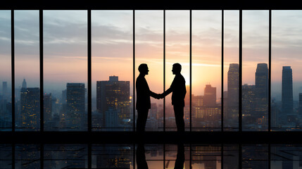 City Deal Silhouette: A business deal is sealed with a handshake against the breathtaking backdrop of a sprawling city skyline, evoking ambition, partnership, and the dawn of a new venture.