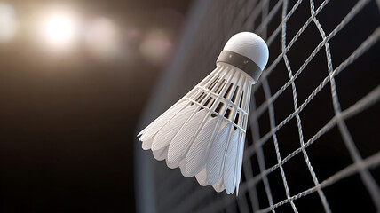 Close-up of a shuttlecock poised near a net, illuminated by soft, ambient light