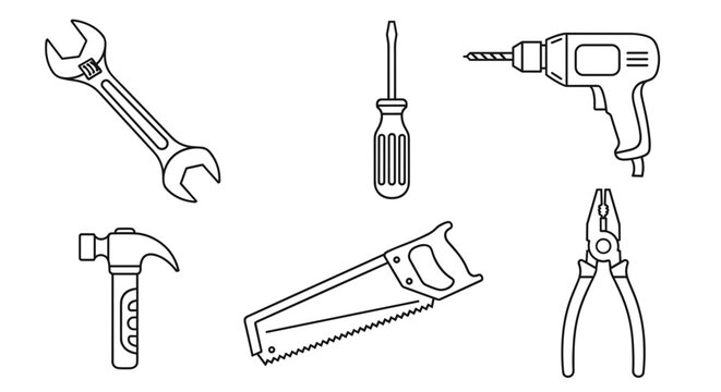 Hand tools line art illustration isolated on
