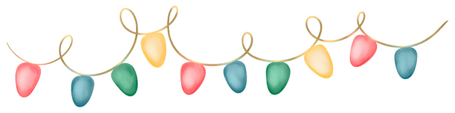 Colorful Illustrated Watercolor Christmas String Lights, Textured Glowing Xmas Bulbs, Transparent PNG Decoration