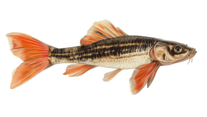 A captivating side view of a striped fish with orange fins isolated on transparent background, revealing its intricate details and vibrant colors in stunning clarity