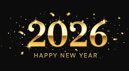 Golden 2026 text with confetti and sparkles on a, wishing a happy new year, symbolizing celebration and the start of a new beginning with festive elements and a luxurious feel
