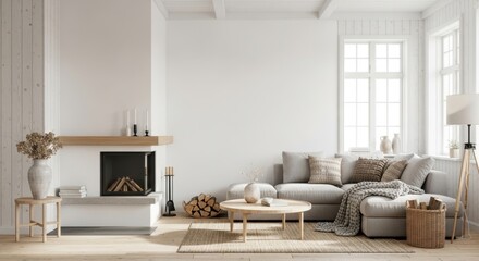 Bright Scandinavian Style Living Room with Neutral Tones and Cozy Decor