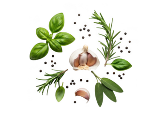 Fresh herbs and garlic arrangement for culinary inspiration and food preparation transparent background