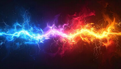 Horizontal rainbow-colored energy arc glowing against dark backdrop. Lightning-like motion transitions through red, orange, yellow, green, blue, violet—evoking electricity, power, and digital visual e