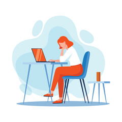 Fototapeta premium A woman with red hair is working on her laptop at her desk, wearing an orange pants and a shirt, on