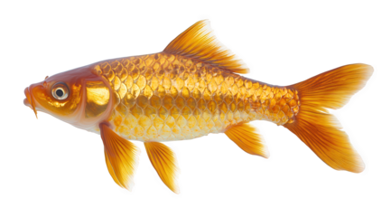 A goldfish isolated on transparent background, showcasing its vibrant golden scales, delicate fins, and distinctive barbels, swimming gracefully in a serene environment