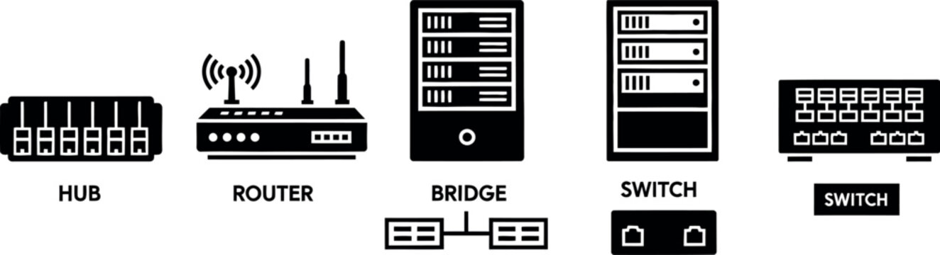 Hub, Router, Bridge, and Switch - Essential Black and White Vector Graphics for Internet and Data Communication Diagrams.