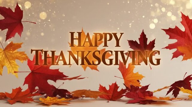 Happy thanksgiving greetings video with falling leaves background and golden text effect animation