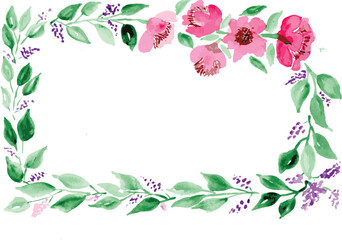 Watercolor Floral Frame with Pink Flowers and Green Leaves