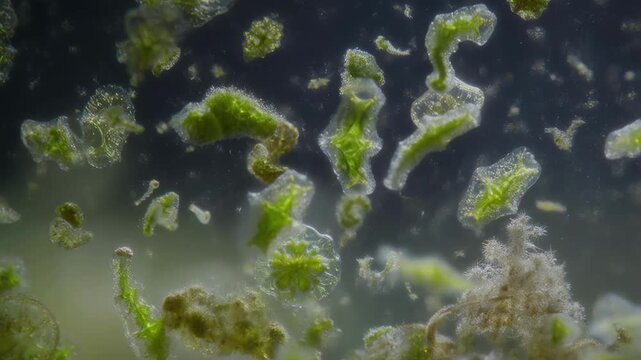 Microscopic view of green algae and microscopic organisms in water environment, aquatic biology footage