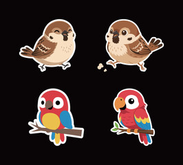 Cute Cartoon Birds Sticker Collection Vector: Adorable Sparrows and Macaw Parrots in Flat Design with White Outline for Nature and Pet Themes