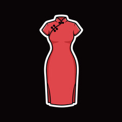 Traditional Chinese Qipao Dress Sticker Vector: Elegant Red Cheongsam Gown with Button Details in Flat Design for Cultural Fashion