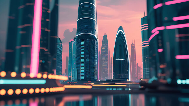 Futuristic cityscape neon lights dusk images