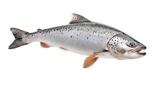 Freshwater salmon isolated on transparent background, displaying its distinctive spots, orange fins, and open mouth, highlighting its natural beauty and potential as food