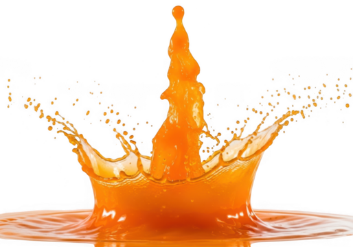 Vibrant orange juice splash frozen in time creating a crown-like shape transparent background