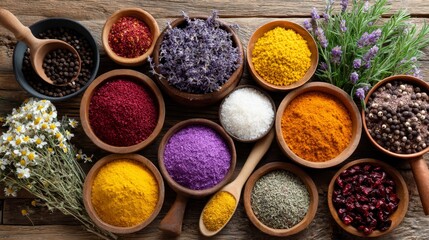 Vibrant assortment of dried herbs and spices in ceramic bowls and copper skillet on rustic wooden table with soft natural light