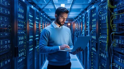 Dynamic IT engineer managing servers with laptop in a vibrant data center, ensuring seamless network operations and data security in a modern workspace