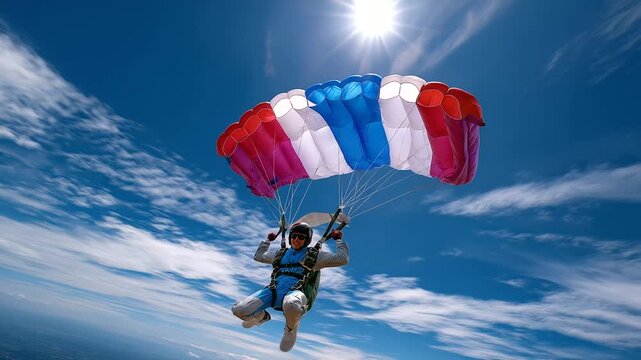 Headless shot showing jumper's torso in harness with focused deployed parachute against bright sky, with copy space