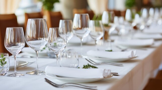 Elegant closeup of empty wine glasses arranged on a pristine white tablecloth at a sophisticated restaurant, soft blurred background creating a refined and inviting atmosphere