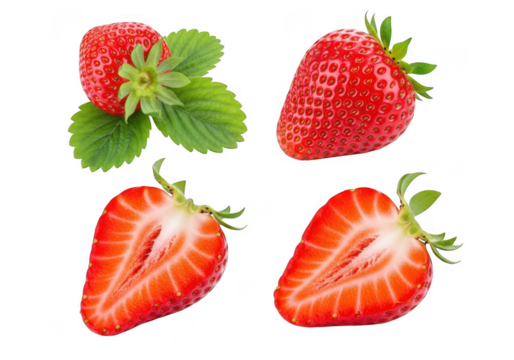 Fresh ripe strawberries four ways whole and halved with green leaves on black transparent background