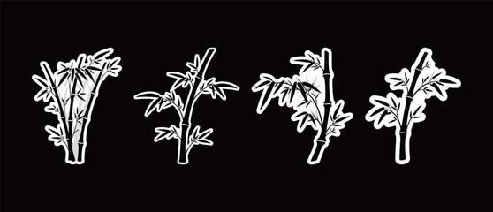 Bamboo Shoots and Stems Sticker Set Vector: Traditional Oriental Plant Elements in Black and White Outline Design for Nature and Culture