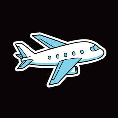 Passenger Commercial Jet Airplane Sticker Vector: Cartoon Aircraft in Blue and White Flat Design for Travel and Aviation Themes