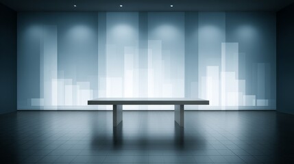 Modern office desk silhouette with glowing digital charts projected above against dark background symbolizing business analytics and data visualization