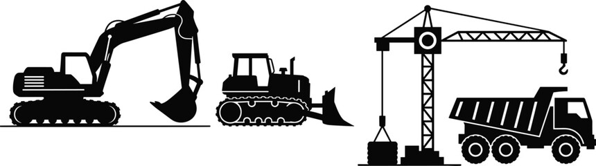 Construction machinery silhouettes featuring excavator, bulldozer, tower crane, and dump truck, heavy equipment illustration, industrial vehicles, earthmoving machines