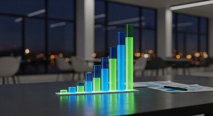 A glowing bar graph on a desk in a modern office setting at night, representing business growth, financial success, and positive economic trends