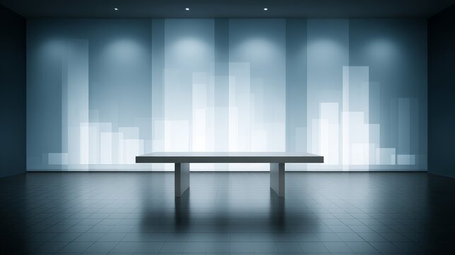 Modern office desk silhouette with glowing digital charts projected above against dark background symbolizing business analytics and data visualization