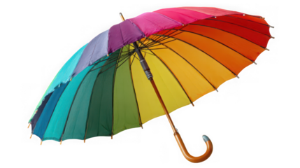 Open rainbow umbrella isolated on transparent background, colorful and cheerful