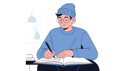 Focused student diligently writing notes in open book, planning ideas, and learning new concepts in a calm, modern workspace