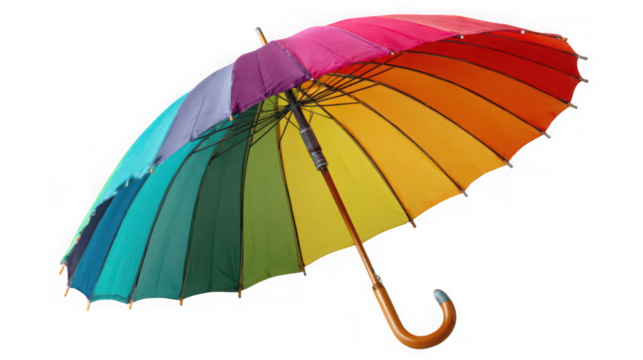 Open rainbow umbrella isolated on transparent background, colorful and cheerful