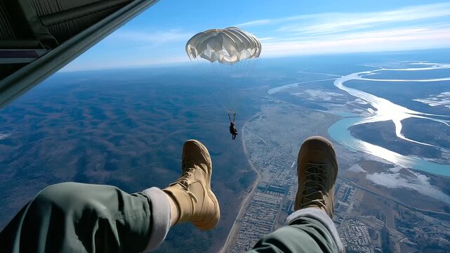 Partial view of cadet's legs dangling with clear focused parachute overhead during descent to landing zone, with copy space