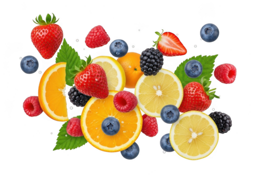 Vibrant assortment of fresh berries and citrus slices floating deliciously transparent background - Powered by Adobe
