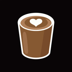 Simple Flat Vector Illustration of a Coffee or Hot Chocolate Cup Sticker with Heart Latte Art. Cute Beverage Design for Cafe Menu, Decoration, Print, and Morning Concepts.