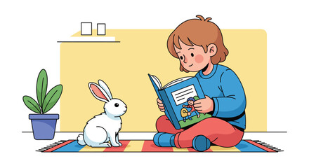 Joyful child engrossed in reading a captivating book beside a fluffy white bunny on a colorful rug, creating a scene of imagination and wonder