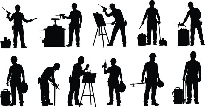 Construction technician silhouette set, workers using tools and equipment, industrial job site illustration, maintenance repair vector collection for professional workforce