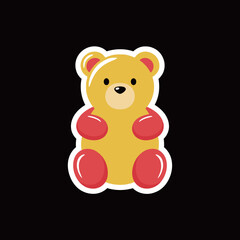 Cute Cartoon Gummy Bear Candy Sticker in Yellow and Red Colors. Simple Flat Vector Illustration of a Sweet Jelly Confectionery for Kids' Design, Decoration, and Food Concepts.