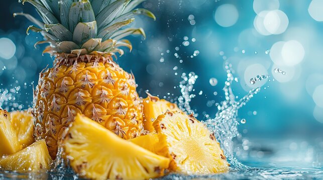 Fresh Pineapple Slices Splashing in Water with a Blue Bokeh Background - Powered by Adobe