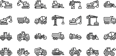 Construction vehicle line icons including excavators, bulldozers, cranes, dump trucks, rollers, tractors, cement mixers, heavy equipment outline illustrations