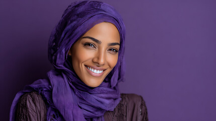 arab woman wearing a modest hijab smiling gently against a purple background creating a clean modern and cheerful portrait filled with grace and charm