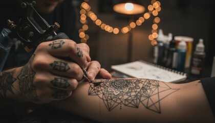 Tattoo artist working on detailed geometric mandala design on client arm in dimly lit studio with warm bokeh light and artistic atmosphere of creativity